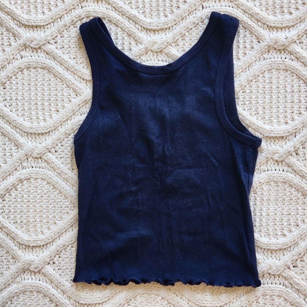 Navy Blue Ribbed Ruffled Tank Size S - Picture 2 of 3